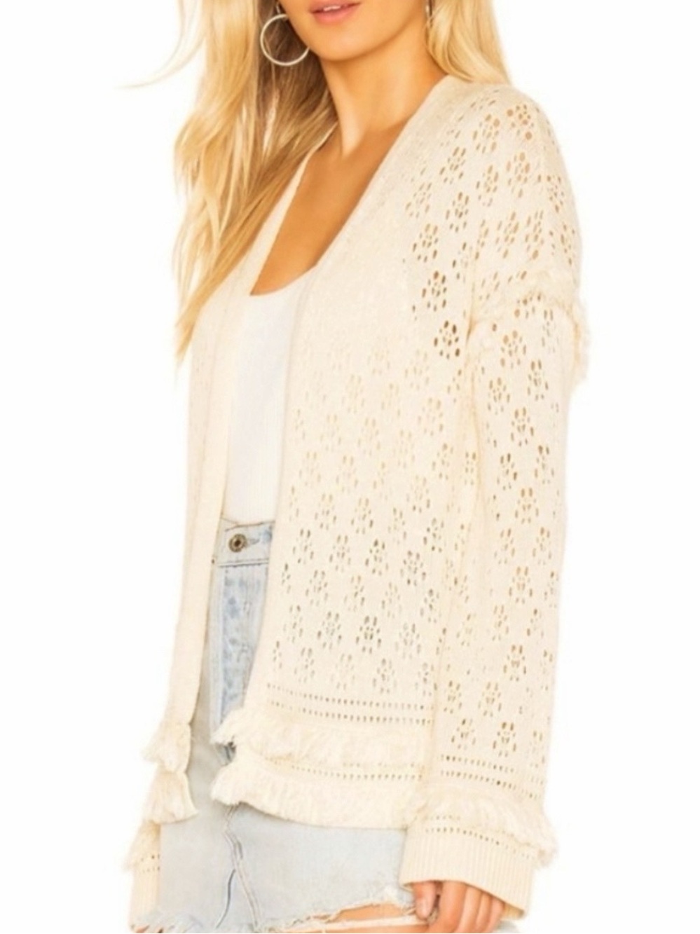 NWT Tularosa Cream Open Knit Fringed Open Front Cardigan Size M